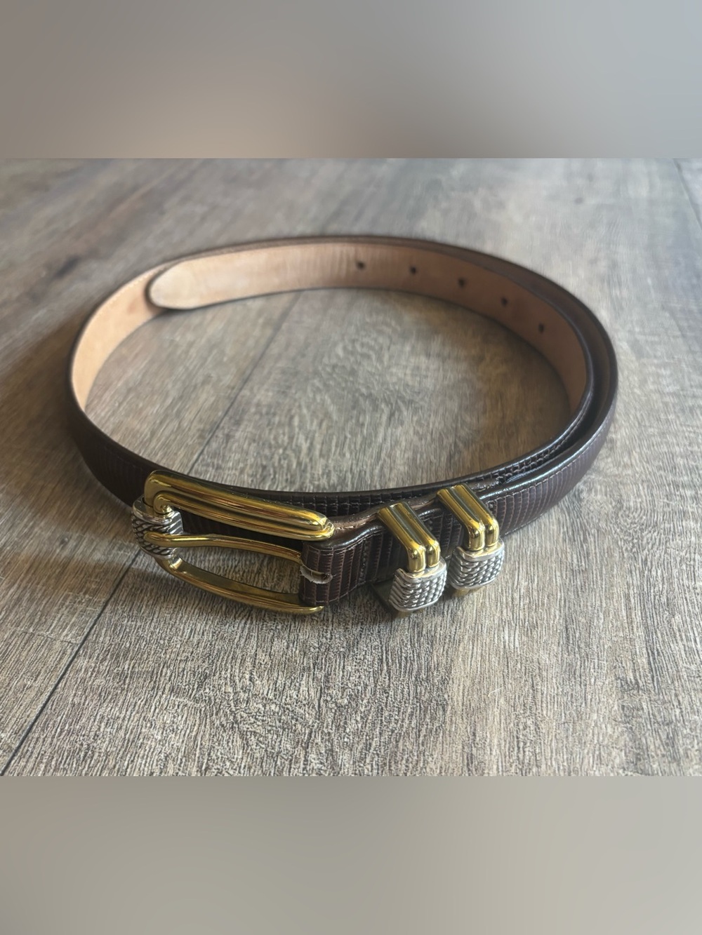 Brighton women’s size 34 brown reptile embossed texture and two-tone buckle belt